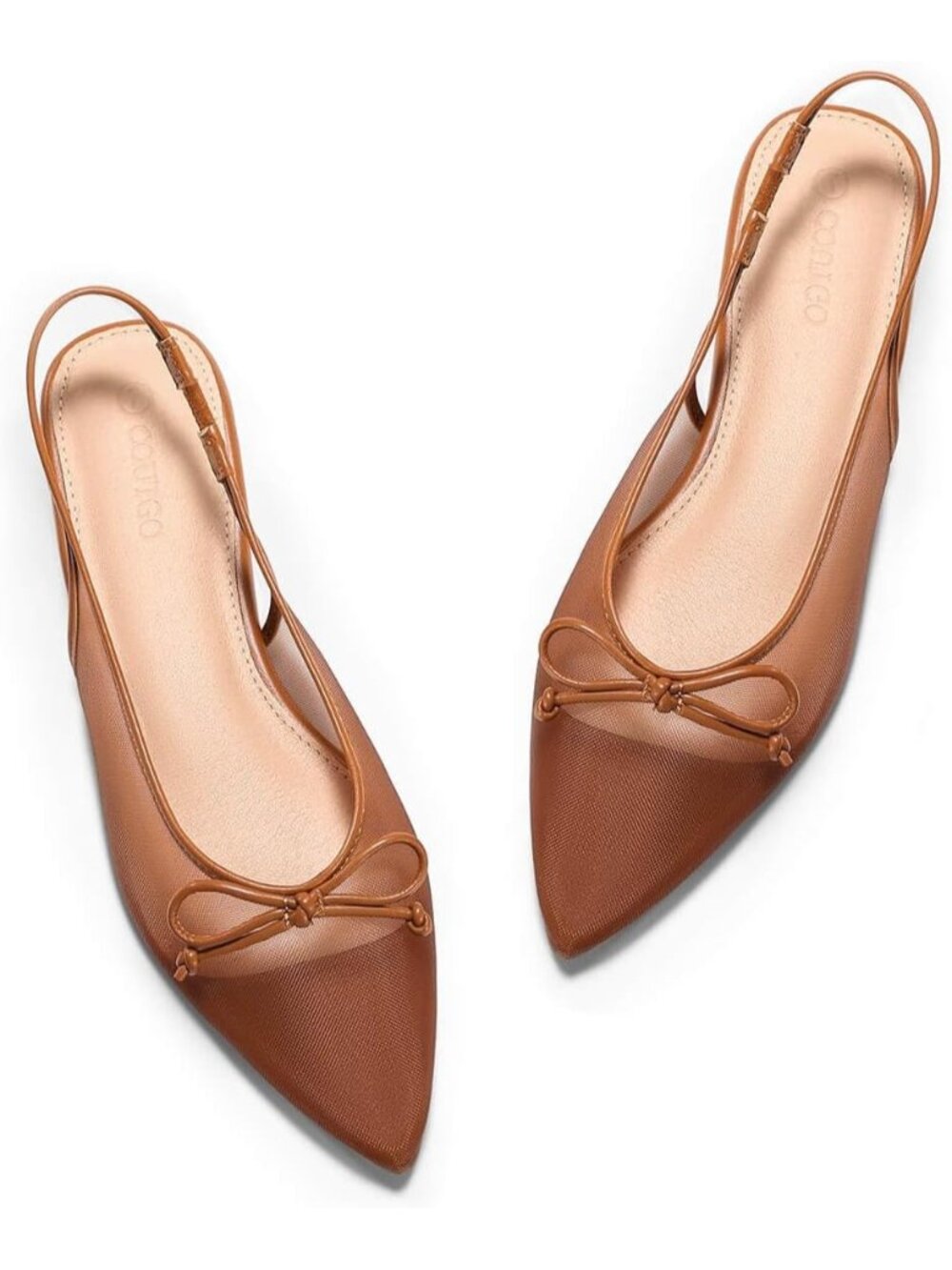 Women's Brown Slingback Flats Bow Closed Pointed Toe Mesh Ballet Flats Sandals